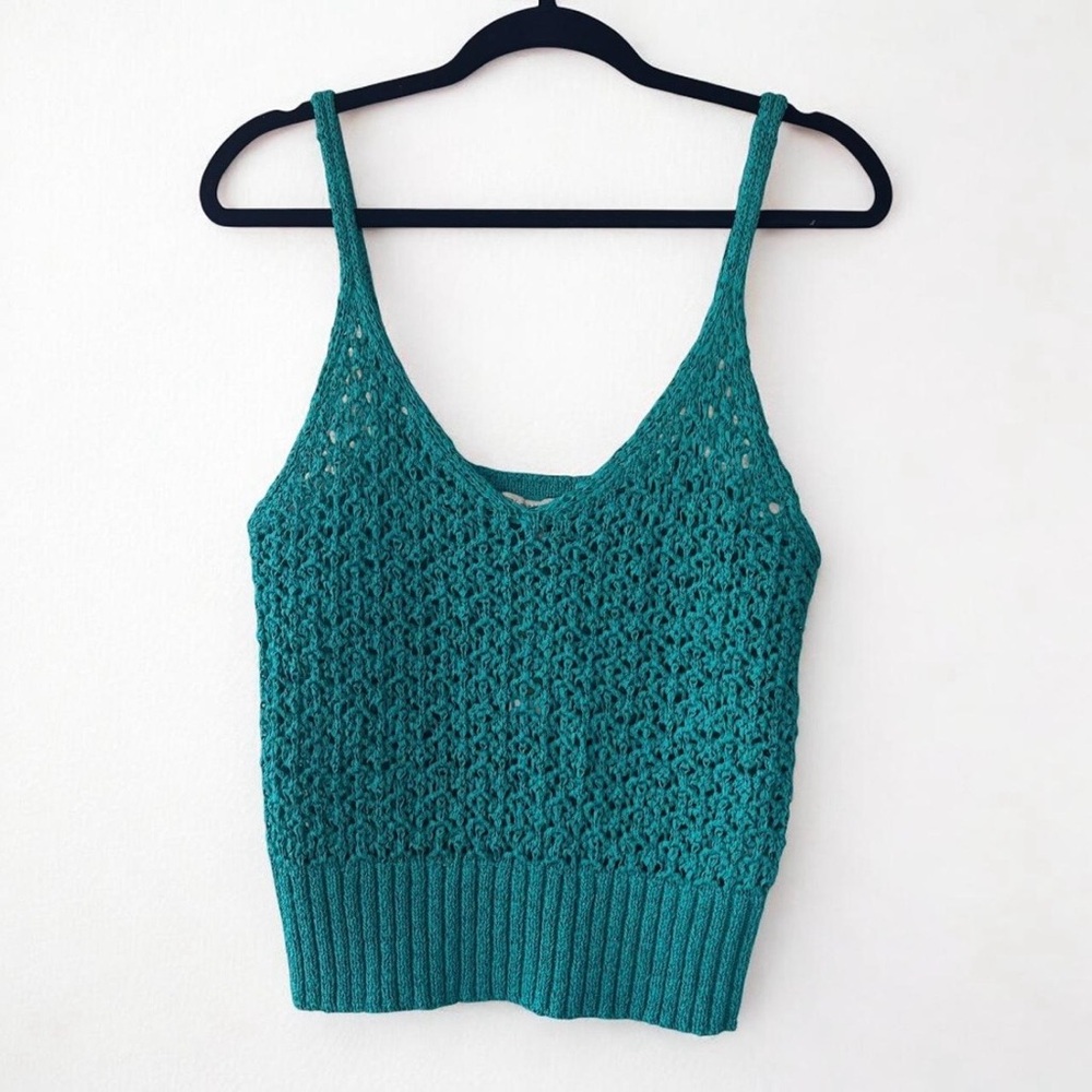BNWT J. Crew teal crochet spaghetti strap knit cropped tank size large